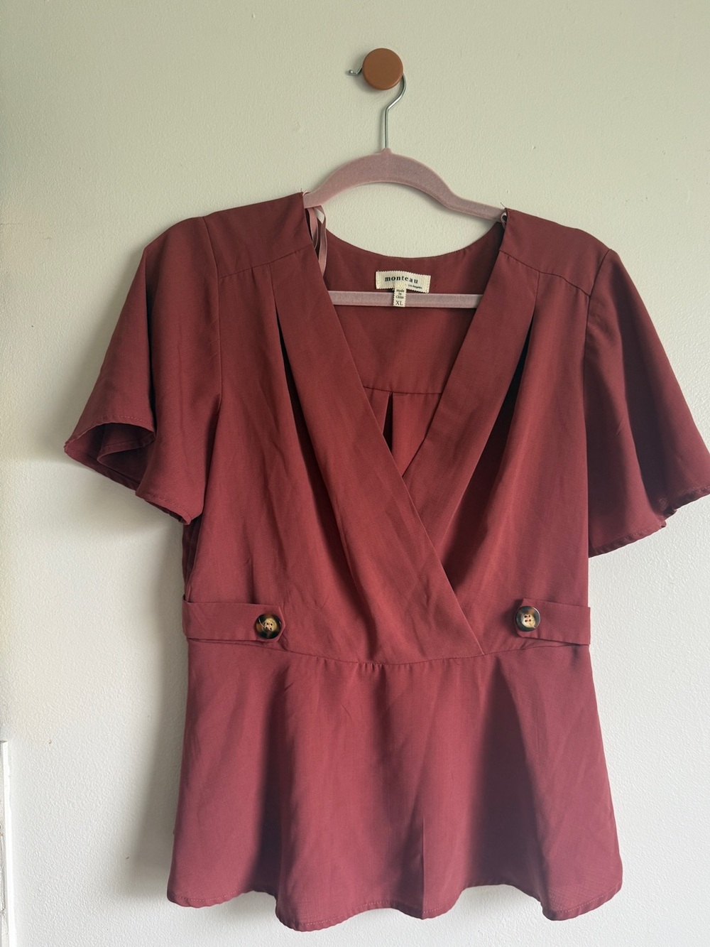 Monteau Rust Short-Sleeve Wrap Peplum Top